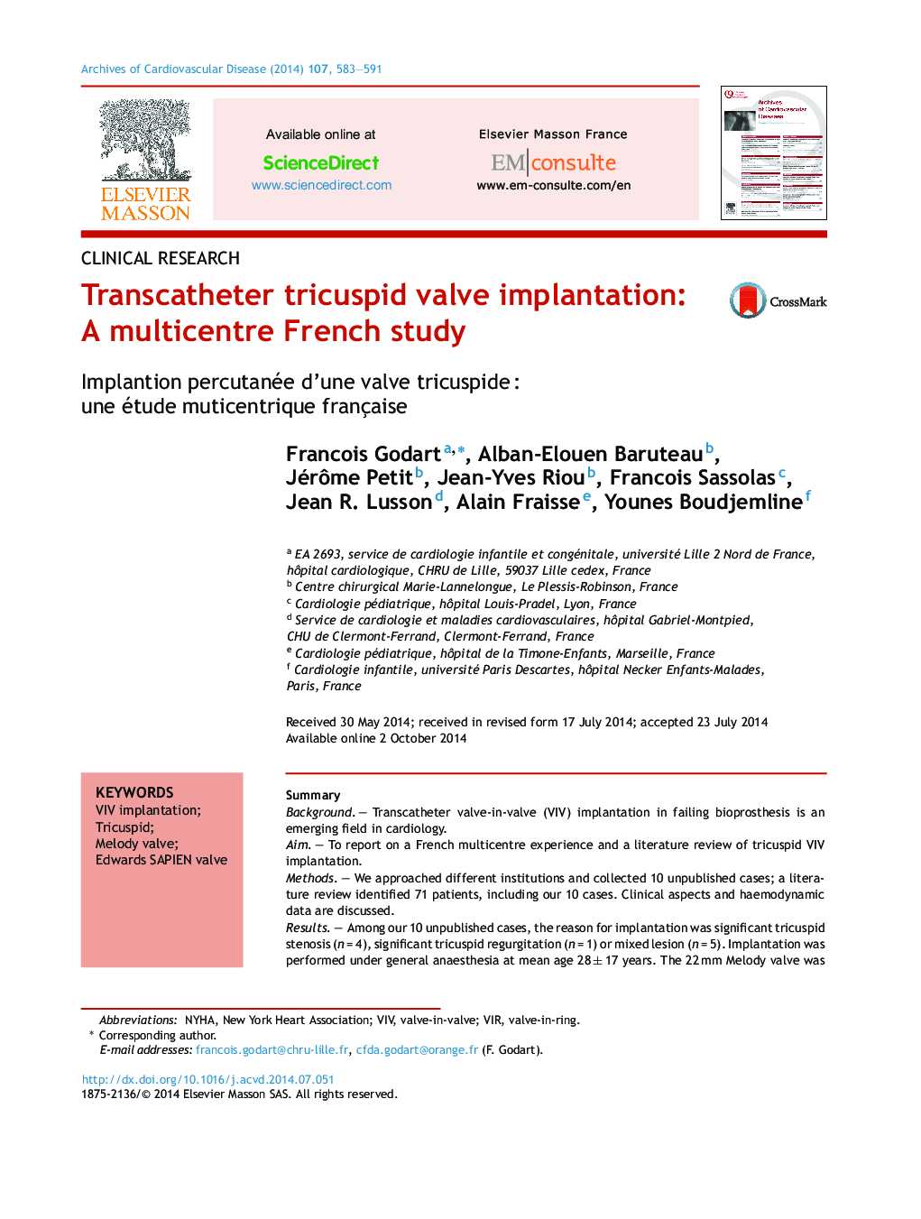 Transcatheter tricuspid valve implantation: A multicentre French study