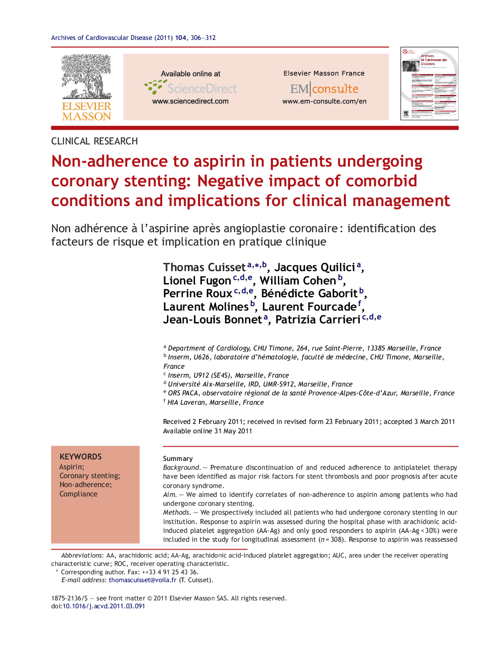 Non-adherence to aspirin in patients undergoing coronary stenting: Negative impact of comorbid conditions and implications for clinical management