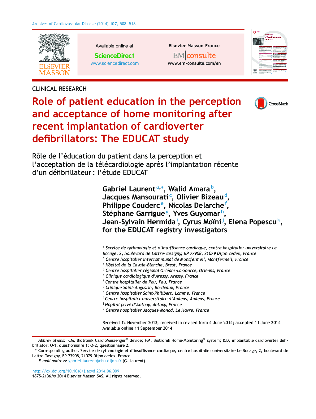 Role of patient education in the perception and acceptance of home monitoring after recent implantation of cardioverter defibrillators: The EDUCAT study