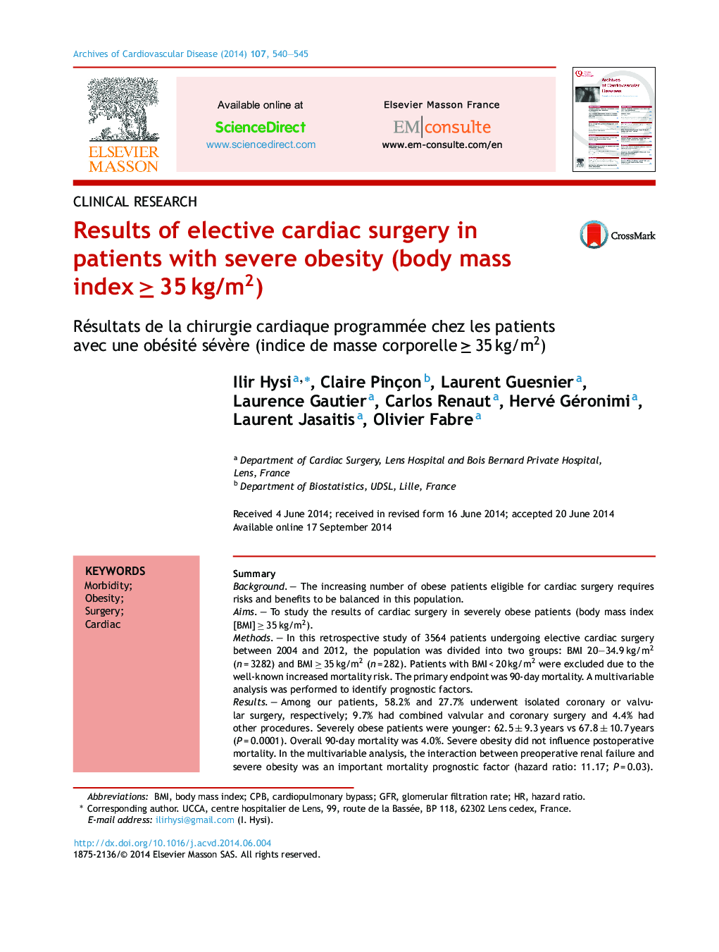 Results of elective cardiac surgery in patients with severe obesity (body mass index ≥ 35 kg/m2)
