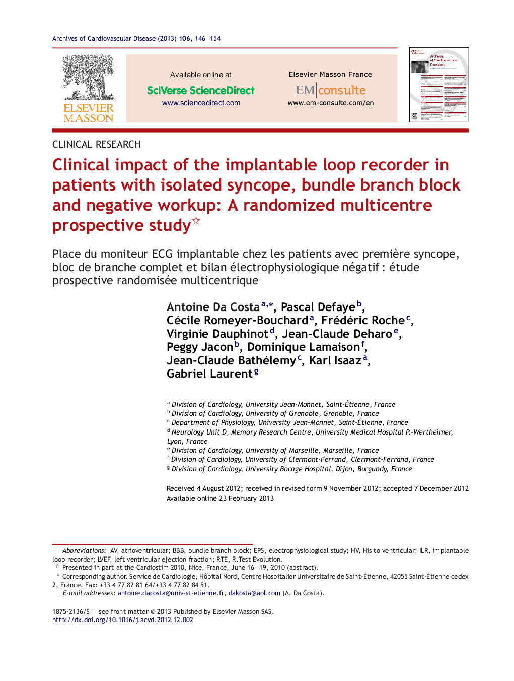 Clinical impact of the implantable loop recorder in patients with isolated syncope, bundle branch block and negative workup: A randomized multicentre prospective study 