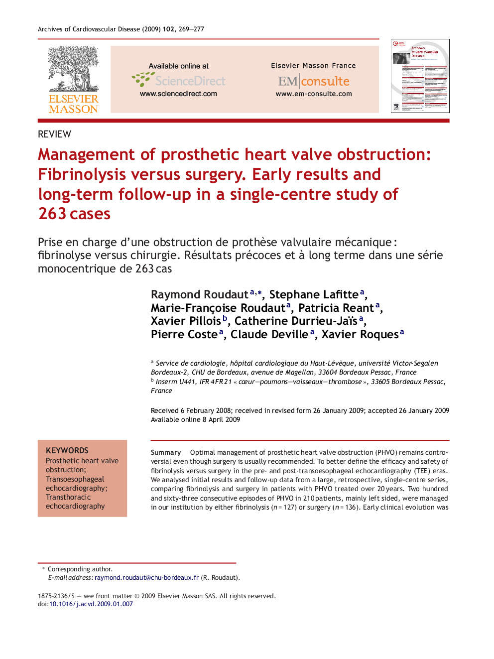 Management of prosthetic heart valve obstruction: Fibrinolysis versus surgery. Early results and long-term follow-up in a single-centre study of 263 cases