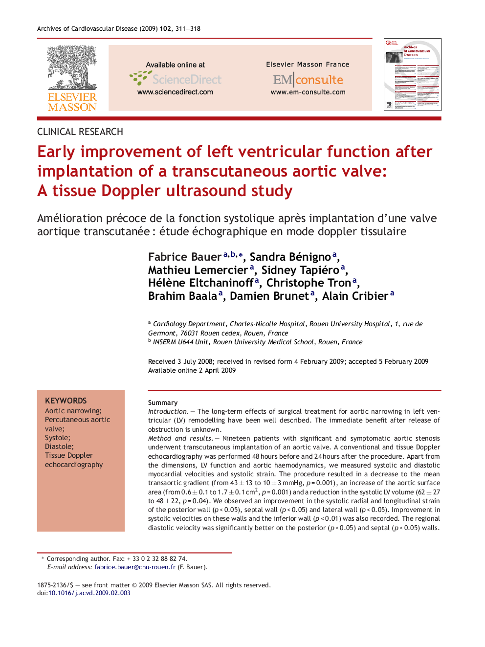 Early improvement of left ventricular function after implantation of a transcutaneous aortic valve: A tissue Doppler ultrasound study