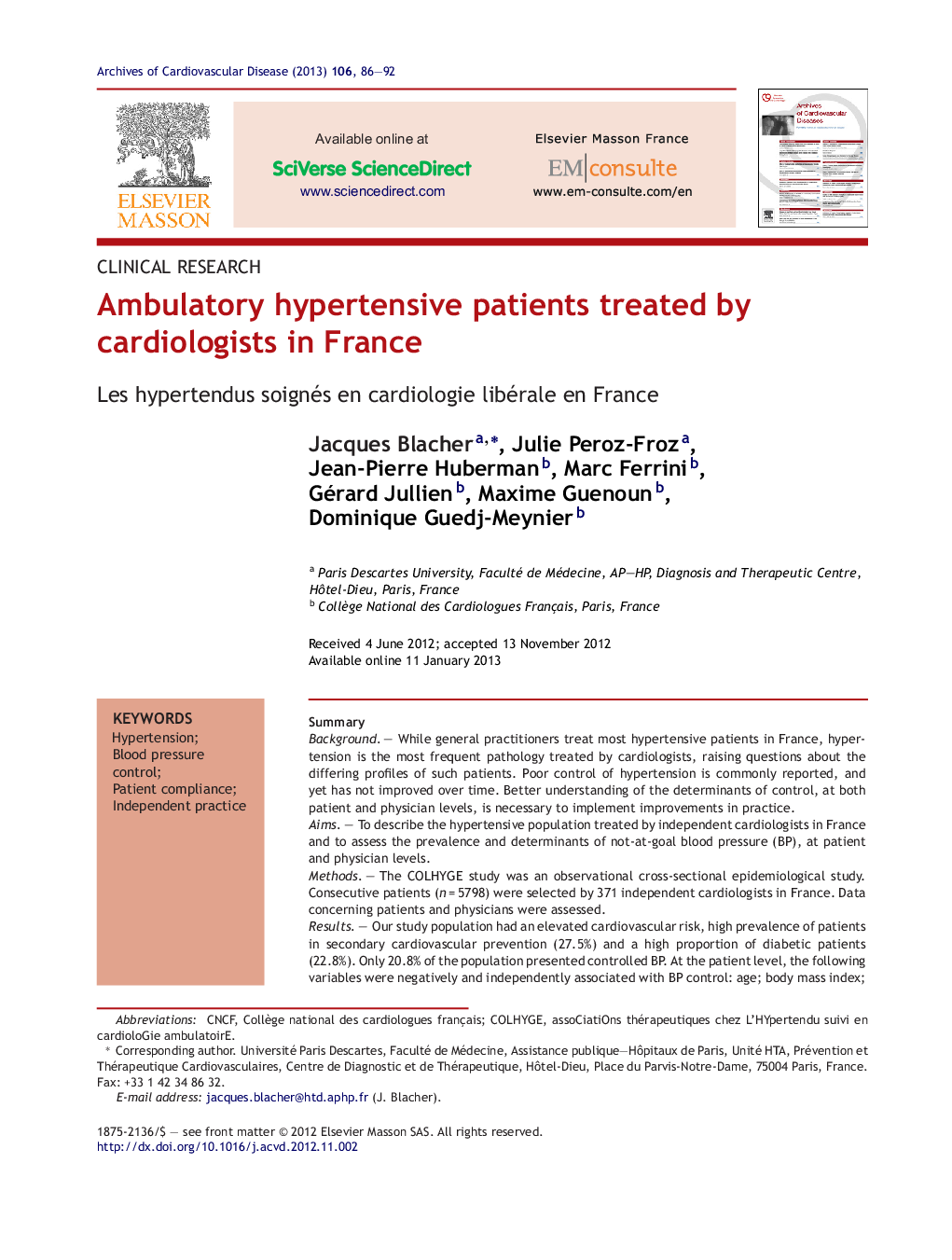 Ambulatory hypertensive patients treated by cardiologists in France