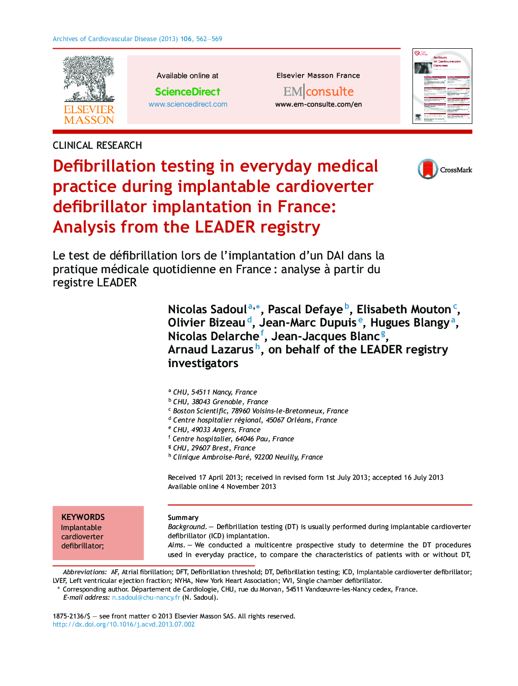 Defibrillation testing in everyday medical practice during implantable cardioverter defibrillator implantation in France: Analysis from the LEADER registry