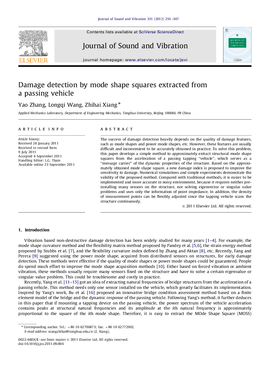 Damage detection by mode shape squares extracted from a passing vehicle