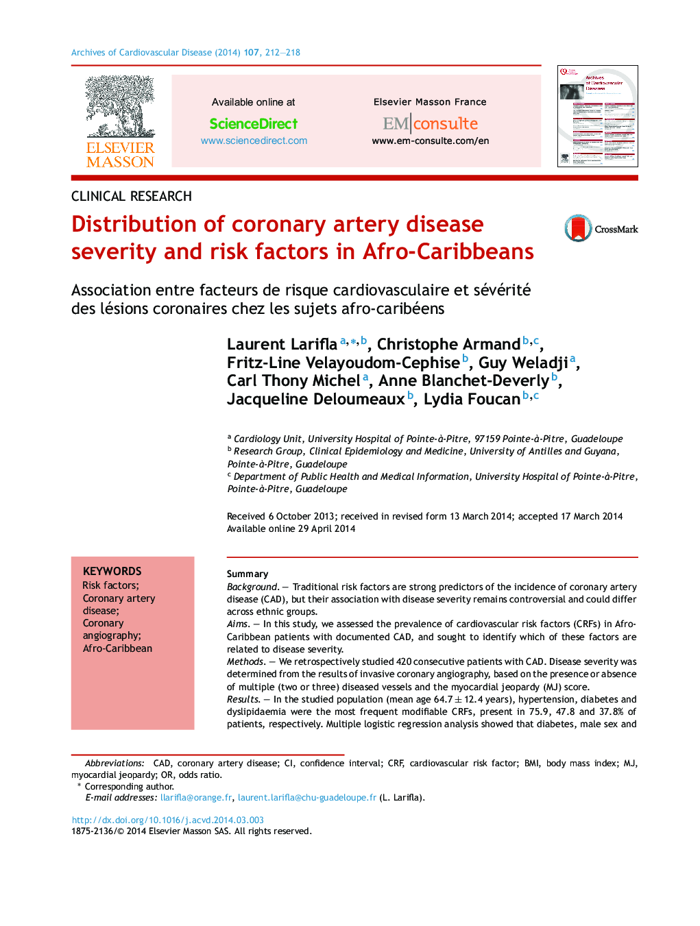 Distribution of coronary artery disease severity and risk factors in Afro-Caribbeans