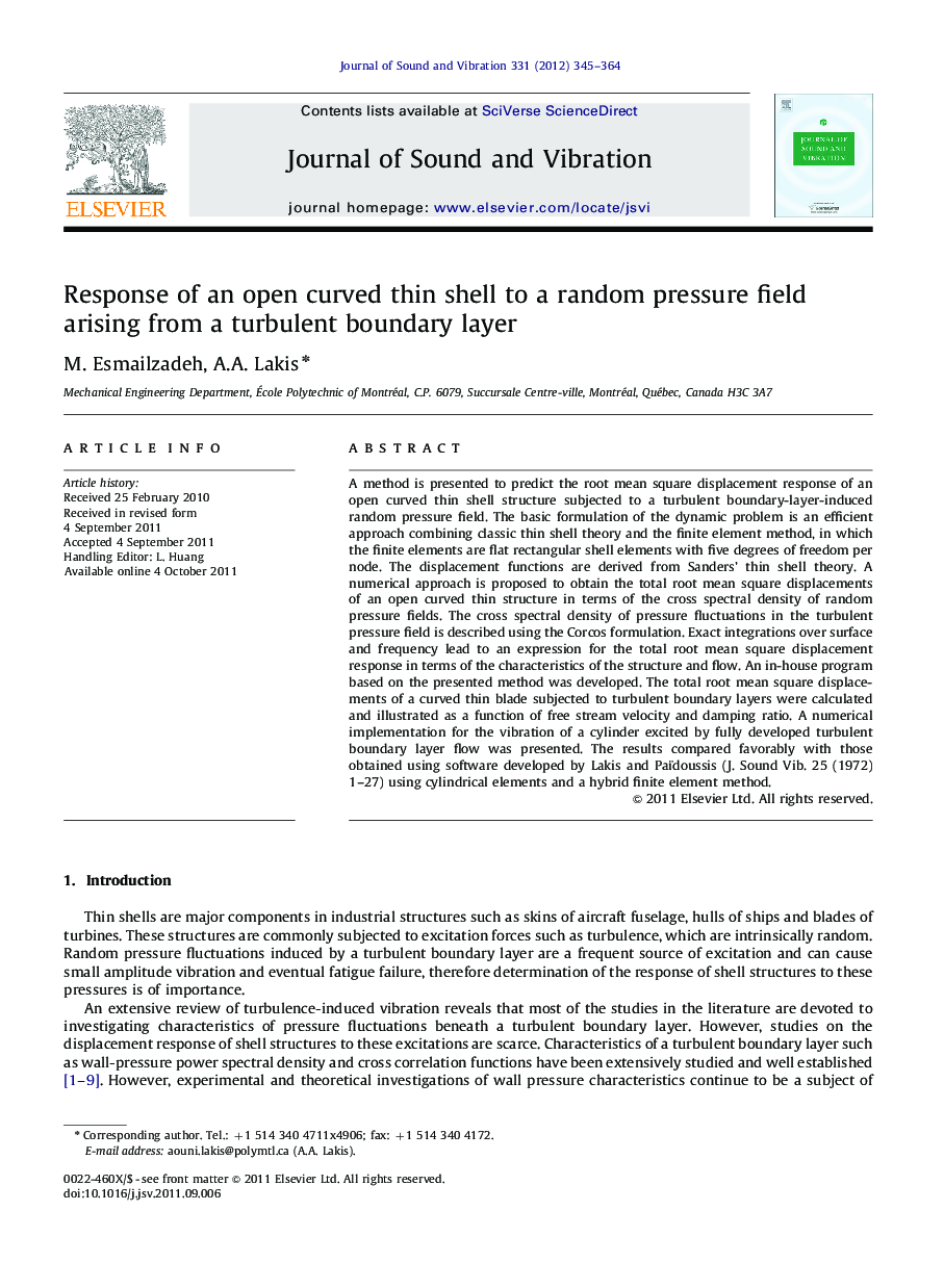 Response of an open curved thin shell to a random pressure field arising from a turbulent boundary layer