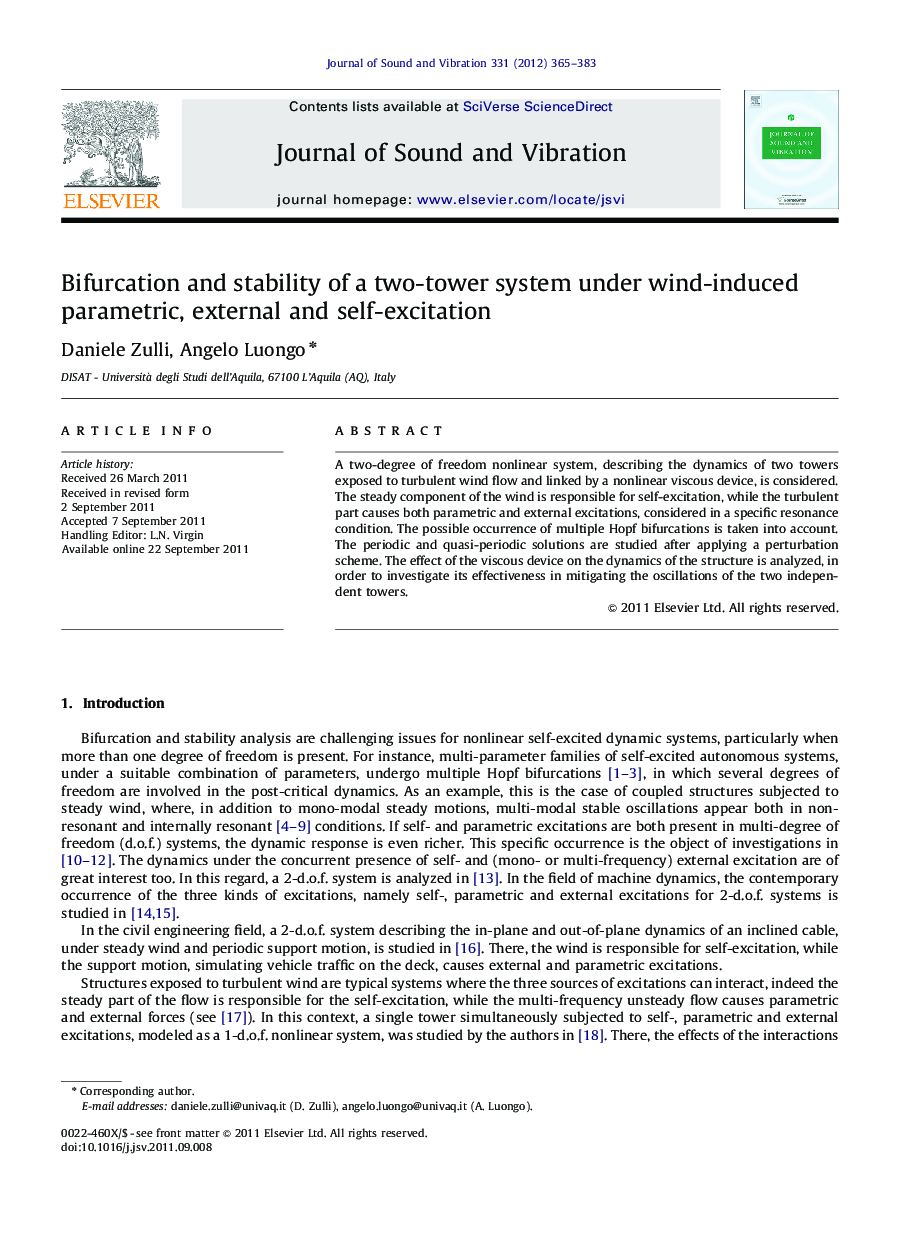 Bifurcation and stability of a two-tower system under wind-induced parametric, external and self-excitation