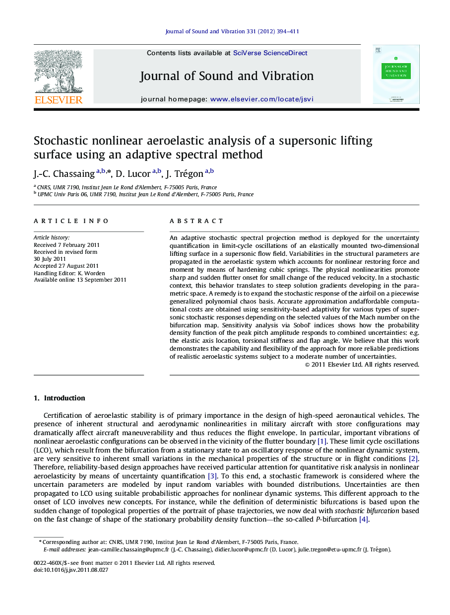 Stochastic nonlinear aeroelastic analysis of a supersonic lifting surface using an adaptive spectral method