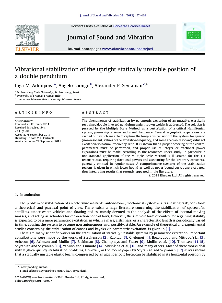 Vibrational stabilization of the upright statically unstable position of a double pendulum