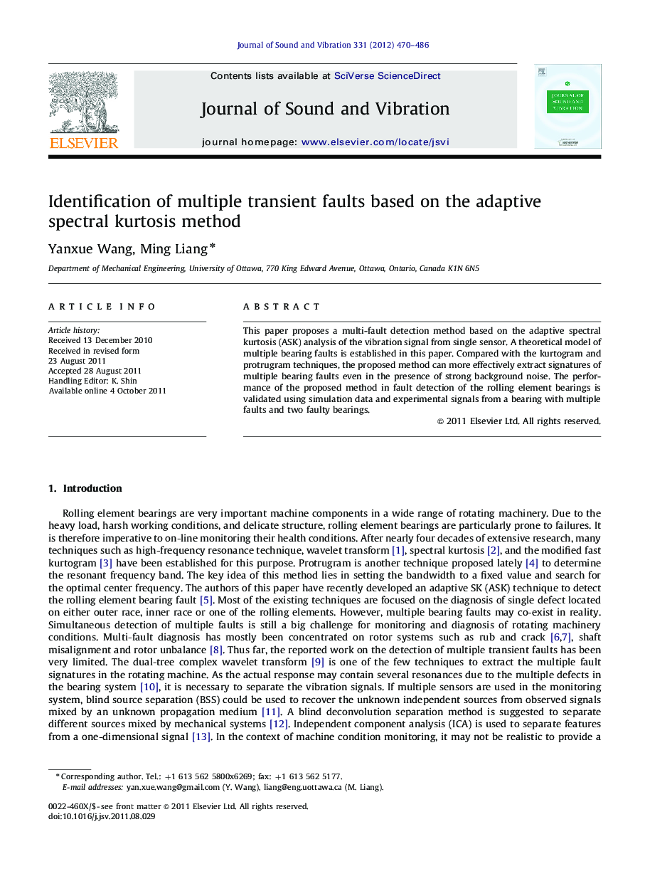 Identification of multiple transient faults based on the adaptive spectral kurtosis method