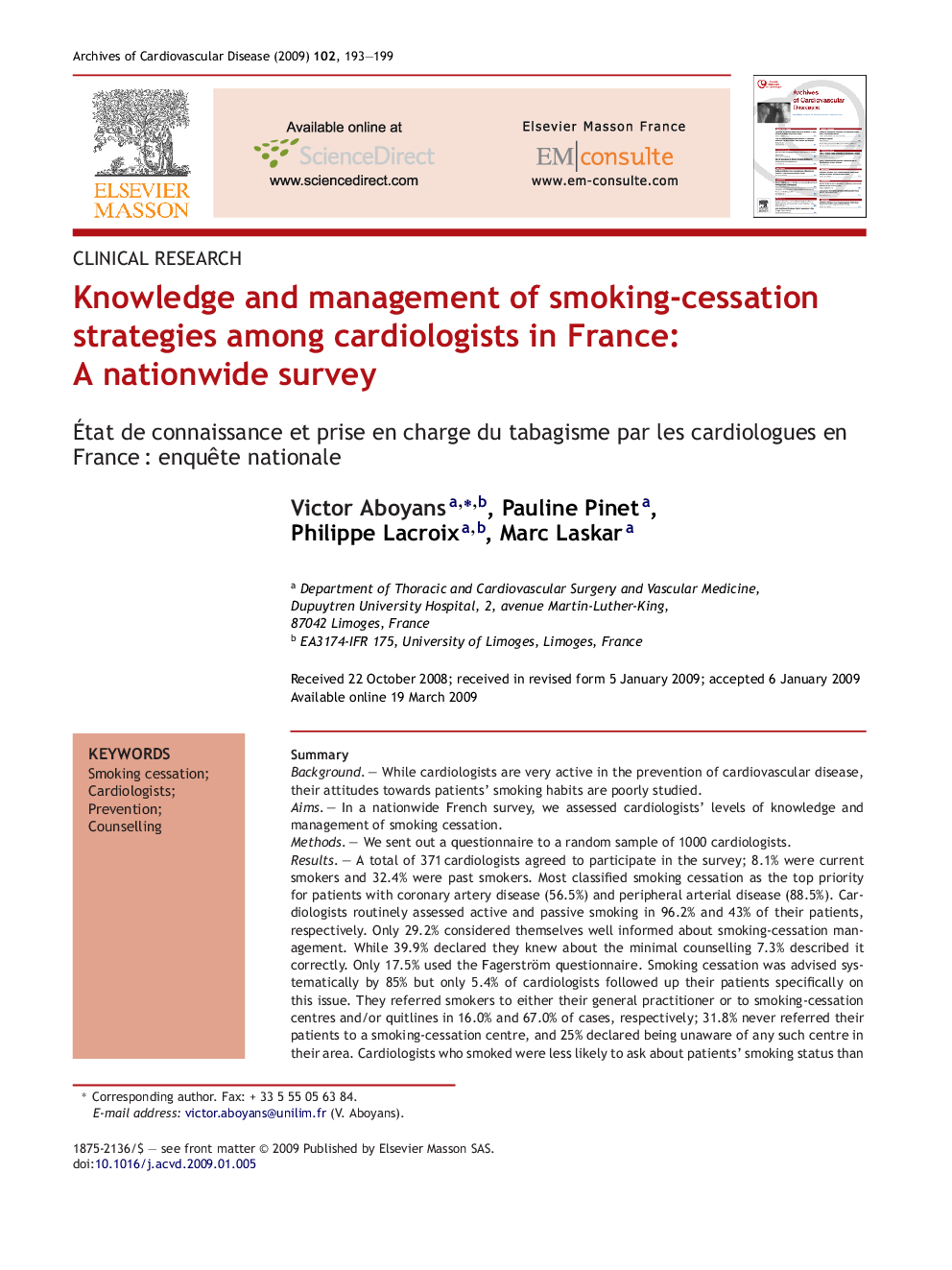 Knowledge and management of smoking-cessation strategies among cardiologists in France: A nationwide survey