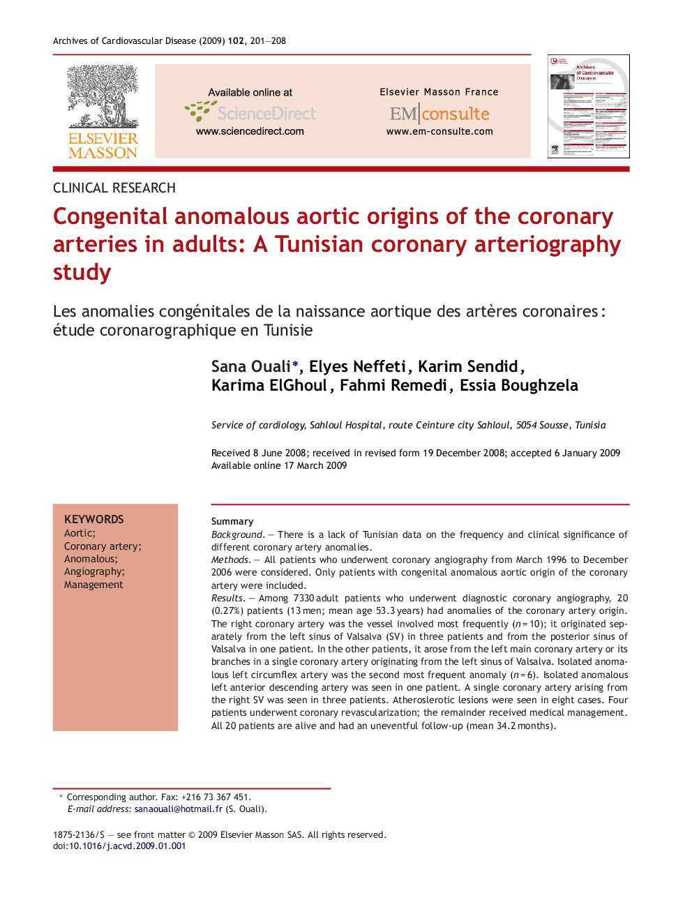 Congenital anomalous aortic origins of the coronary arteries in adults: A Tunisian coronary arteriography study