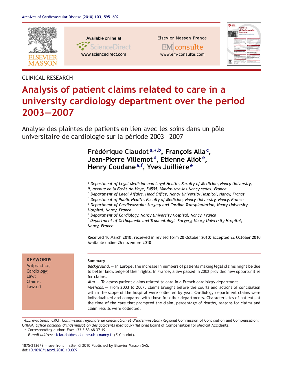 Analysis of patient claims related to care in a university cardiology department over the period 2003–2007