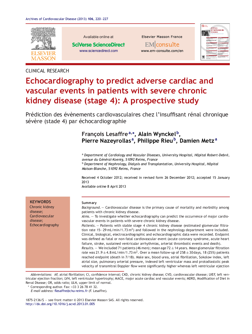 Echocardiography to predict adverse cardiac and vascular events in patients with severe chronic kidney disease (stage 4): A prospective study