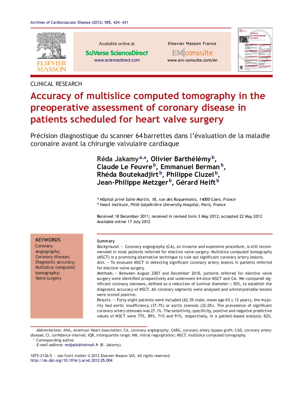 Accuracy of multislice computed tomography in the preoperative assessment of coronary disease in patients scheduled for heart valve surgery