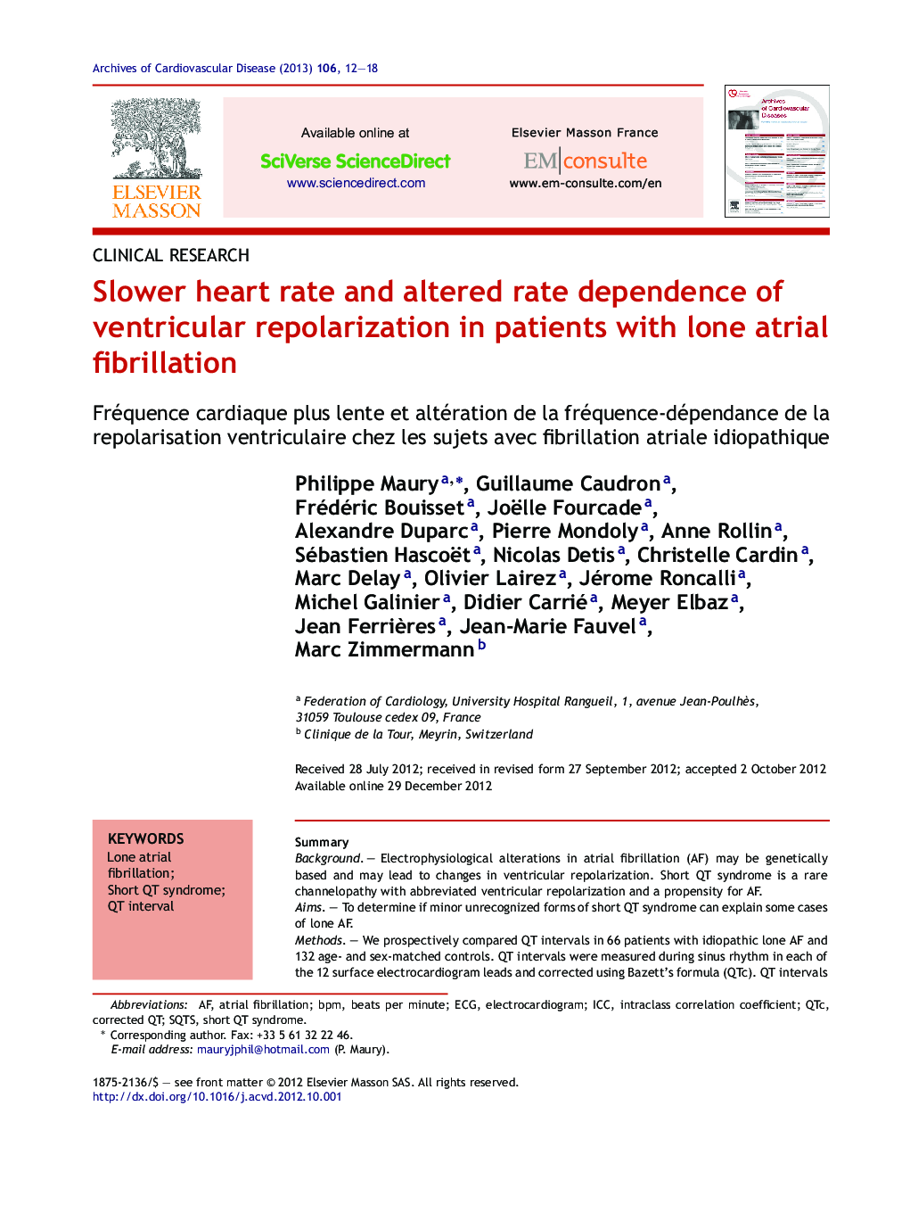 Slower heart rate and altered rate dependence of ventricular repolarization in patients with lone atrial fibrillation