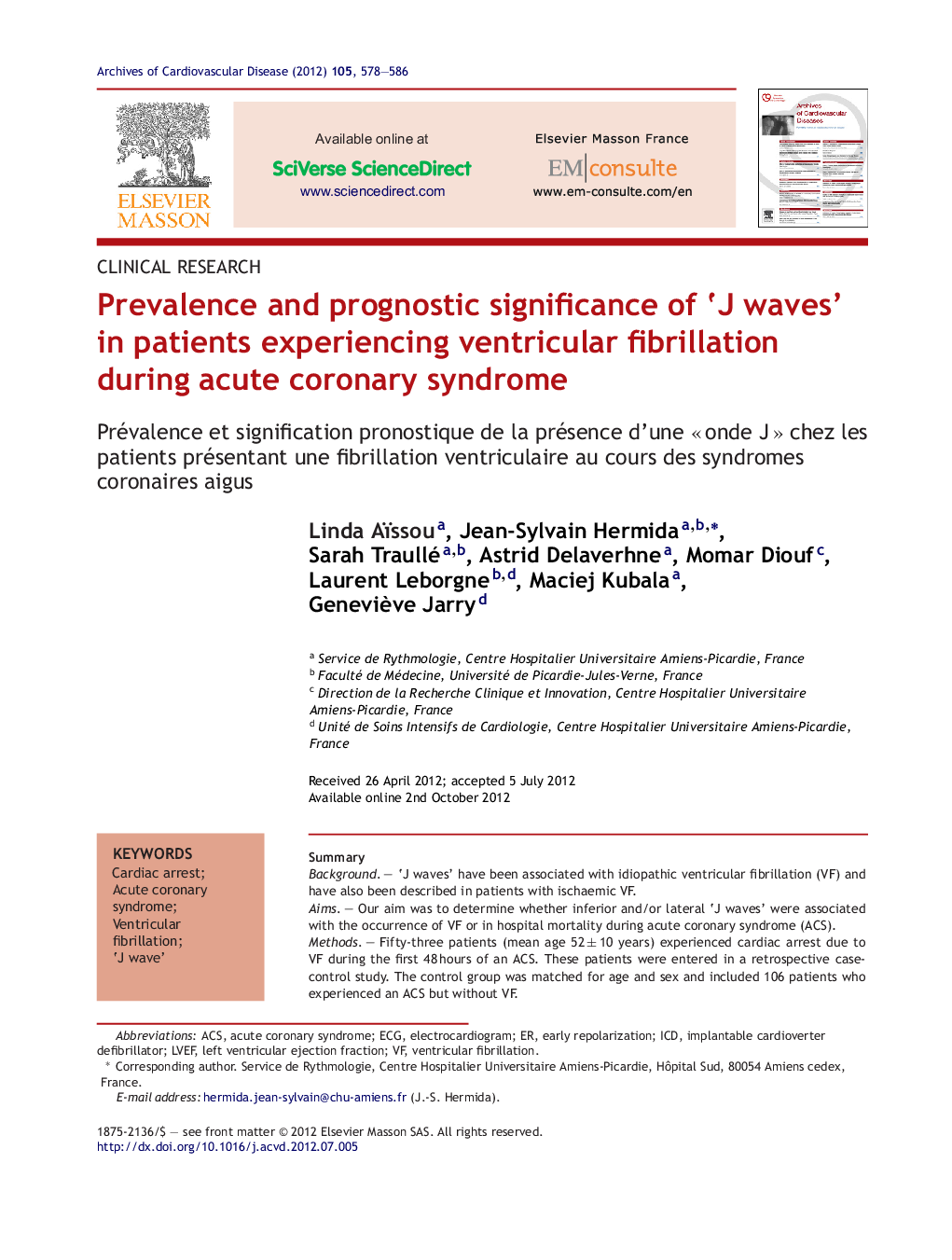 Prevalence and prognostic significance of ‘J waves’ in patients experiencing ventricular fibrillation during acute coronary syndrome