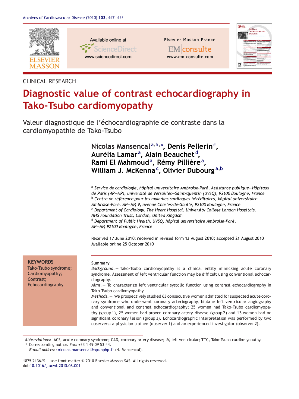 Diagnostic value of contrast echocardiography in Tako-Tsubo cardiomyopathy