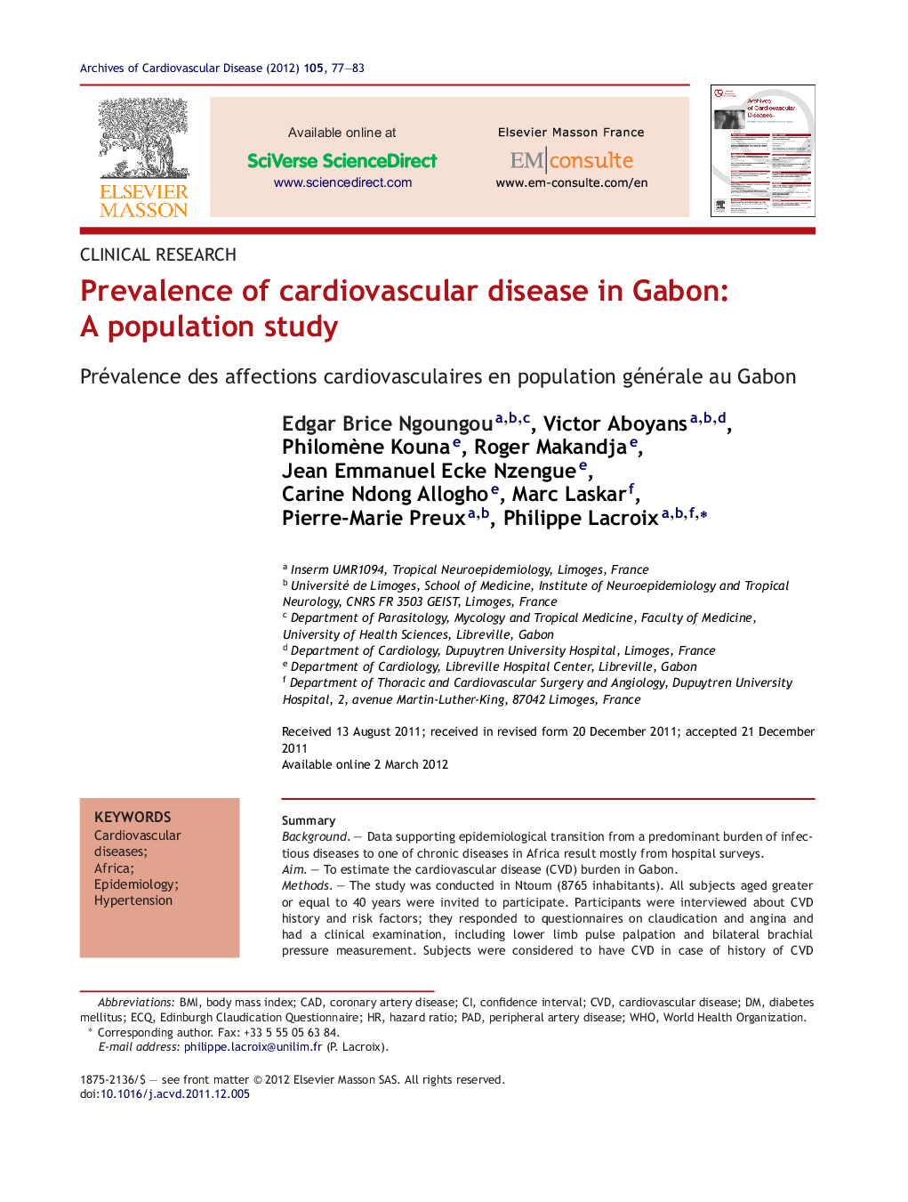 Prevalence of cardiovascular disease in Gabon: A population study