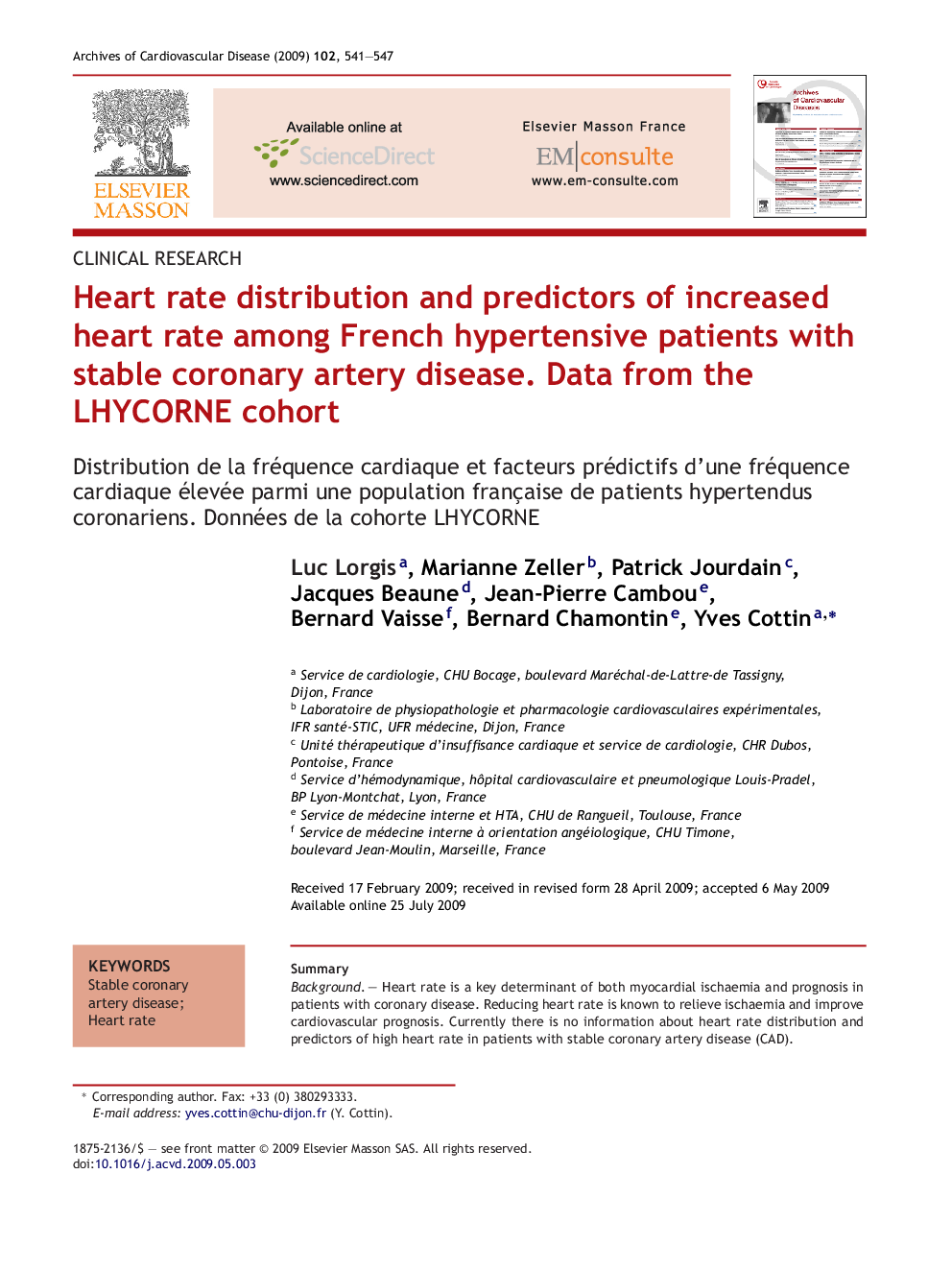 Heart rate distribution and predictors of increased heart rate among French hypertensive patients with stable coronary artery disease. Data from the LHYCORNE cohort