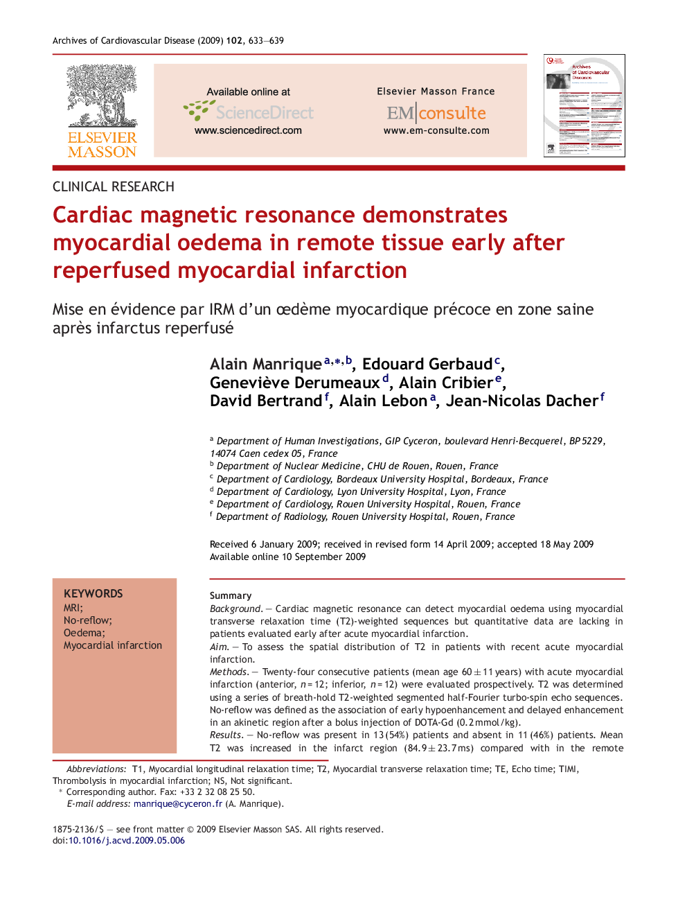 Cardiac magnetic resonance demonstrates myocardial oedema in remote tissue early after reperfused myocardial infarction