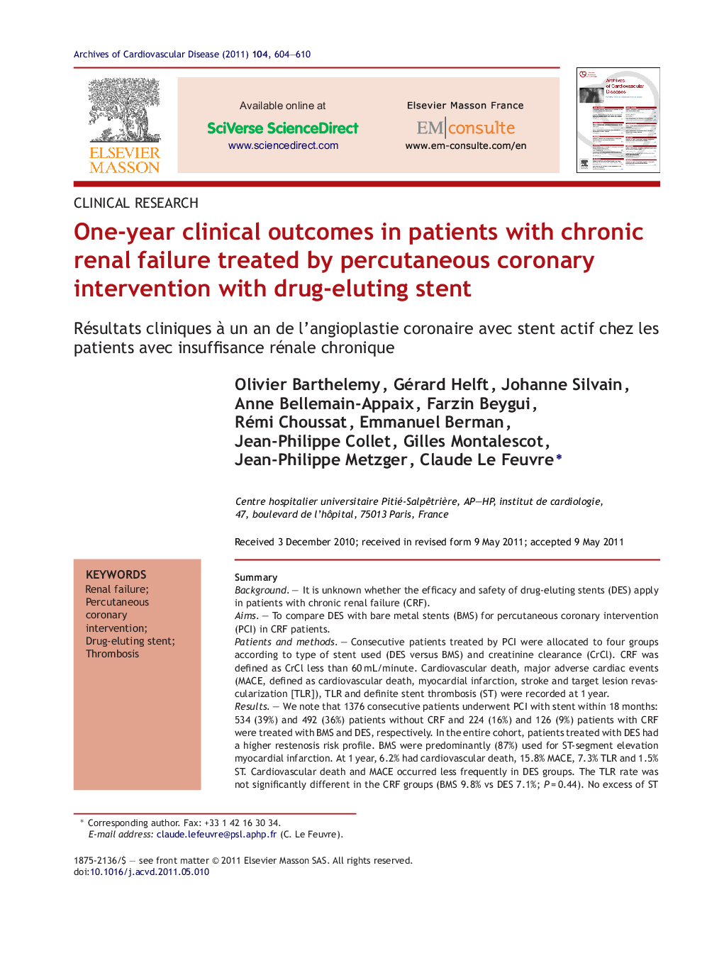 One-year clinical outcomes in patients with chronic renal failure treated by percutaneous coronary intervention with drug-eluting stent