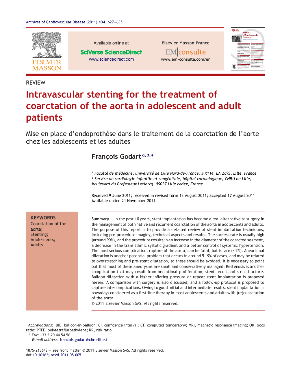 Intravascular stenting for the treatment of coarctation of the aorta in adolescent and adult patients