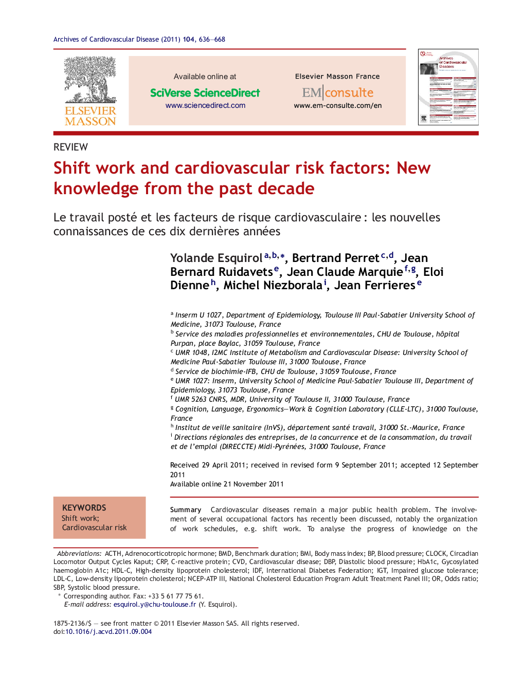 Shift work and cardiovascular risk factors: New knowledge from the past decade