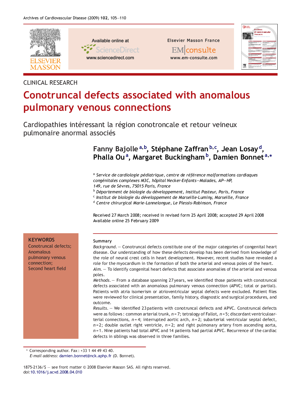 Conotruncal defects associated with anomalous pulmonary venous connections