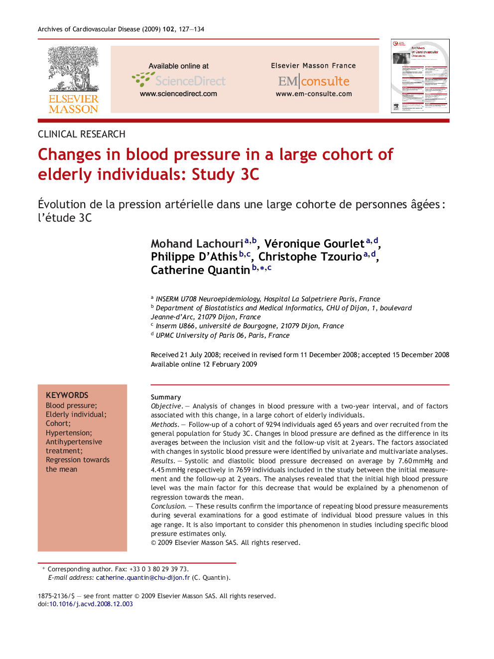 Changes in blood pressure in a large cohort of elderly individuals: Study 3C