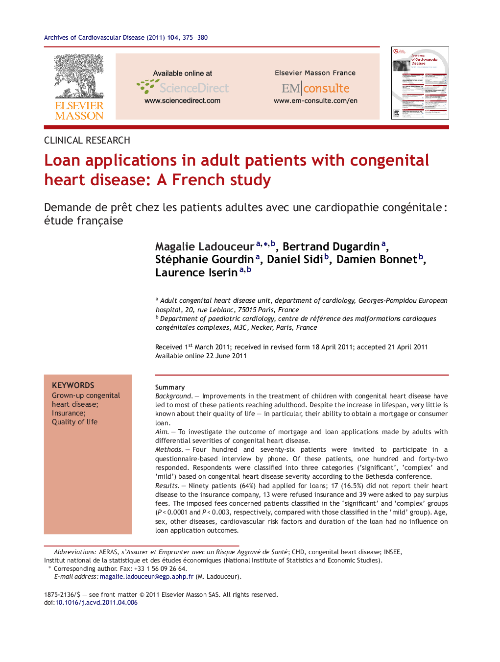 Loan applications in adult patients with congenital heart disease: A French study