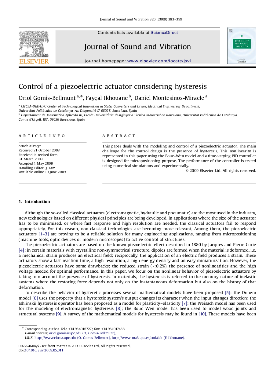 Control of a piezoelectric actuator considering hysteresis