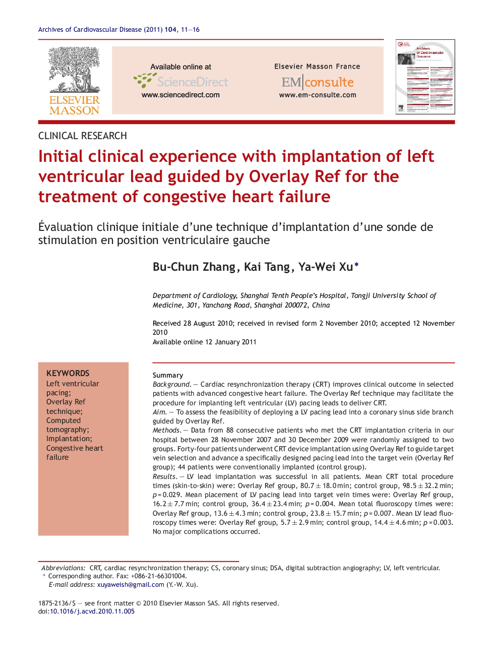 Initial clinical experience with implantation of left ventricular lead guided by Overlay Ref for the treatment of congestive heart failure