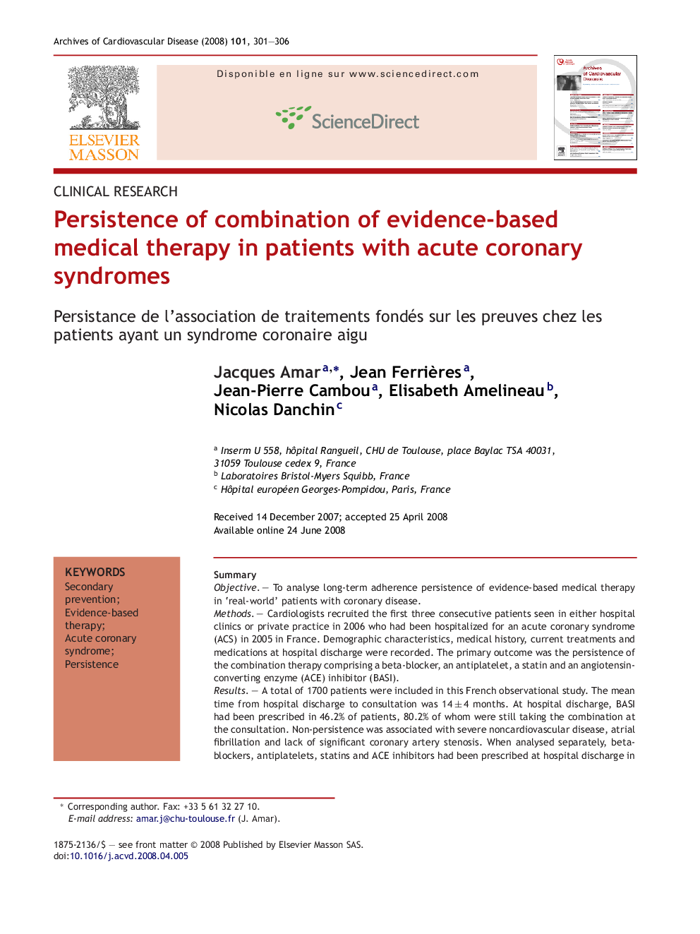 Persistence of combination of evidence-based medical therapy in patients with acute coronary syndromes