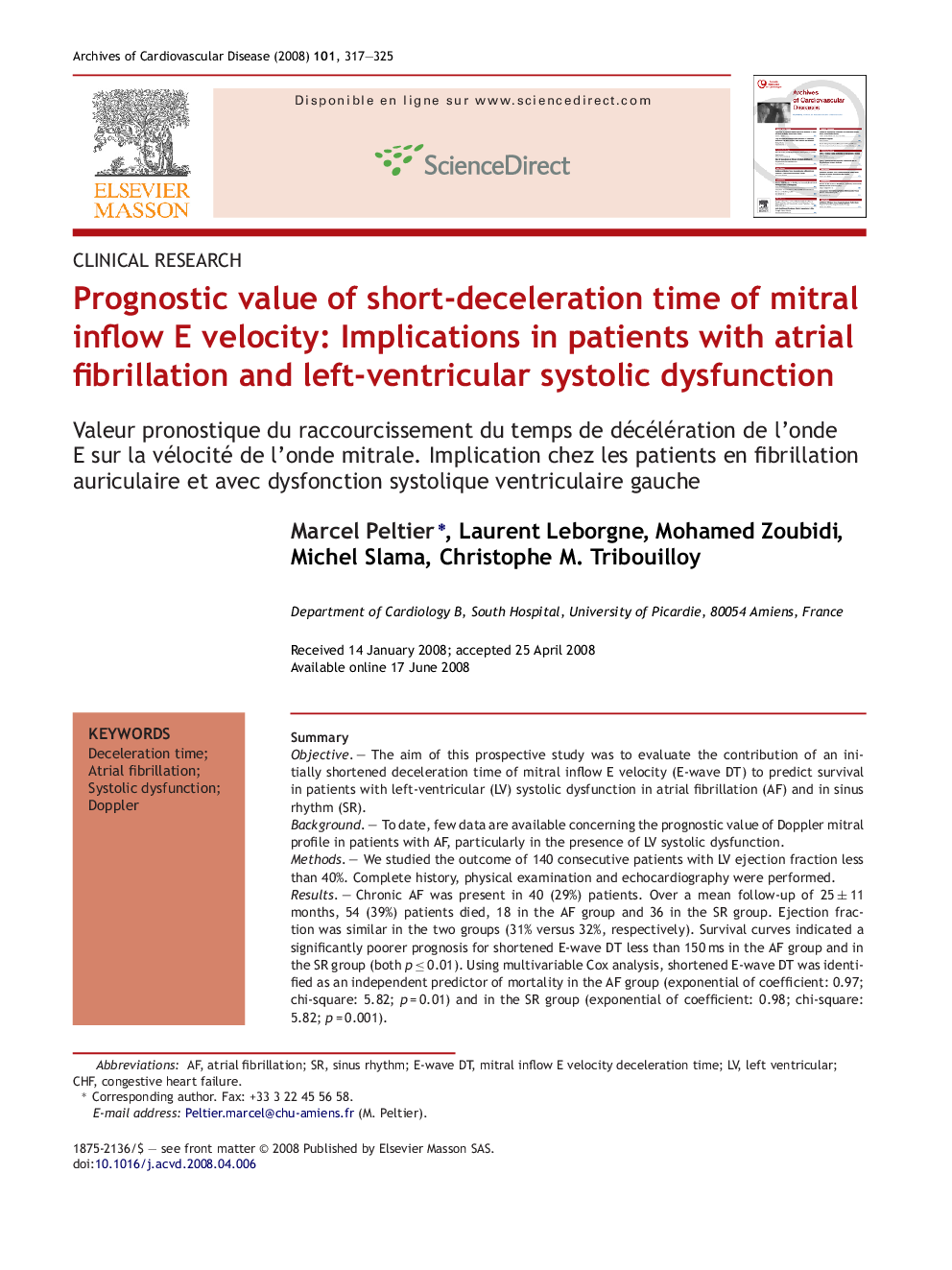 Prognostic value of short-deceleration time of mitral inflow E velocity: Implications in patients with atrial fibrillation and left-ventricular systolic dysfunction