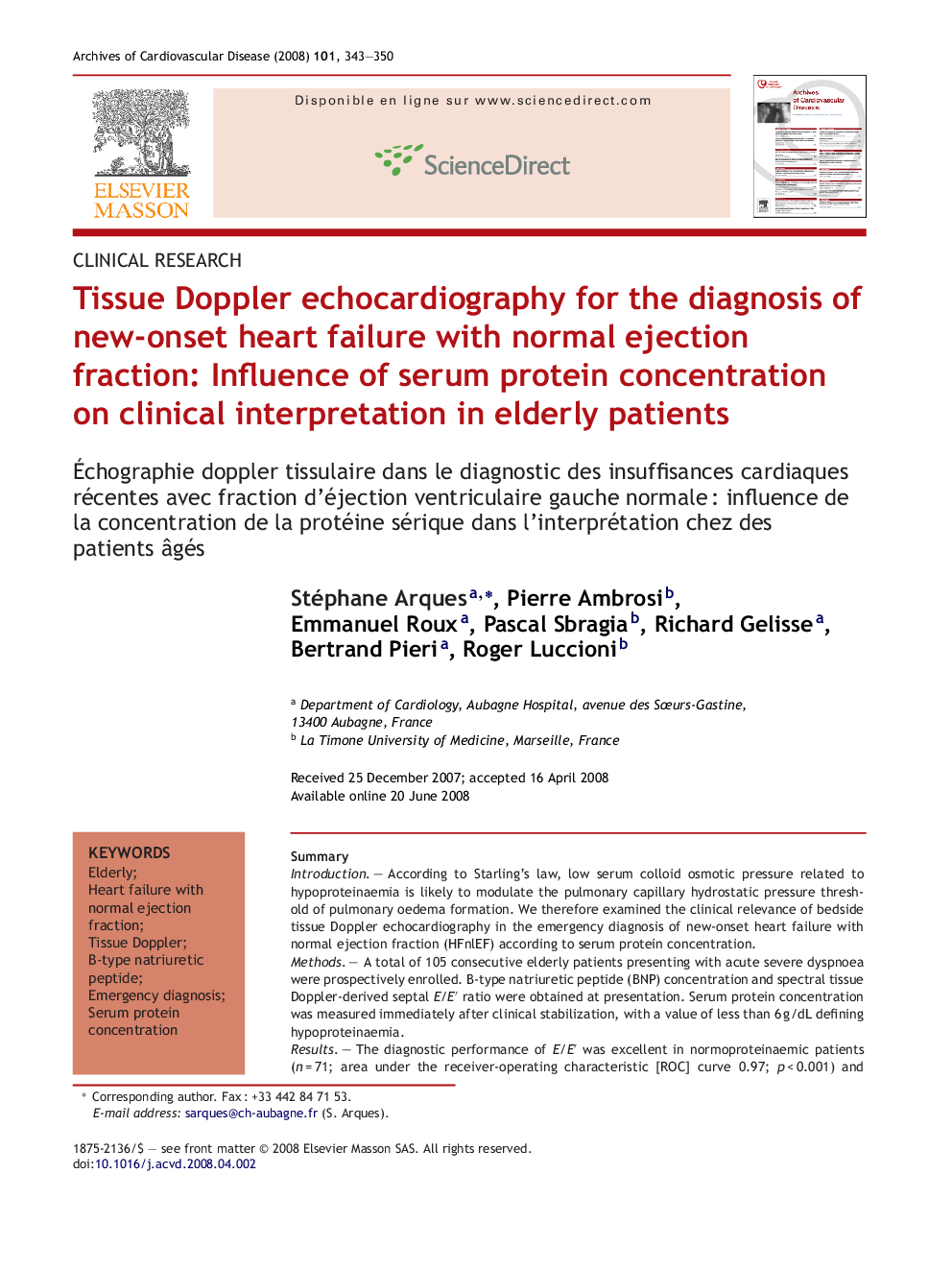 Tissue Doppler echocardiography for the diagnosis of new-onset heart failure with normal ejection fraction: Influence of serum protein concentration on clinical interpretation in elderly patients