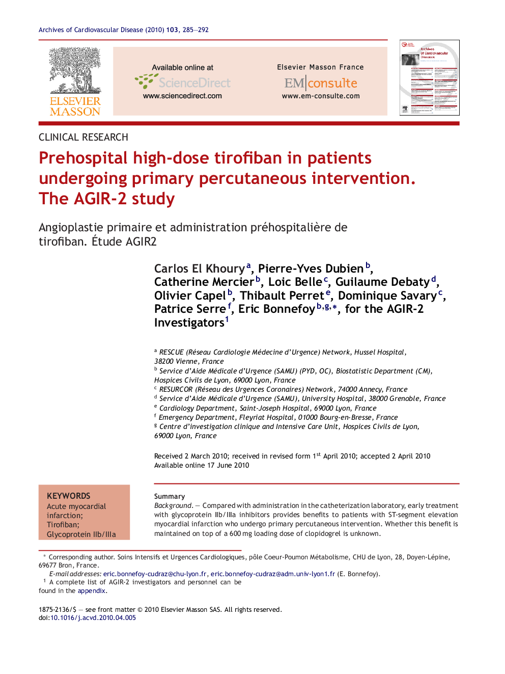 Prehospital high-dose tirofiban in patients undergoing primary percutaneous intervention. The AGIR-2 study