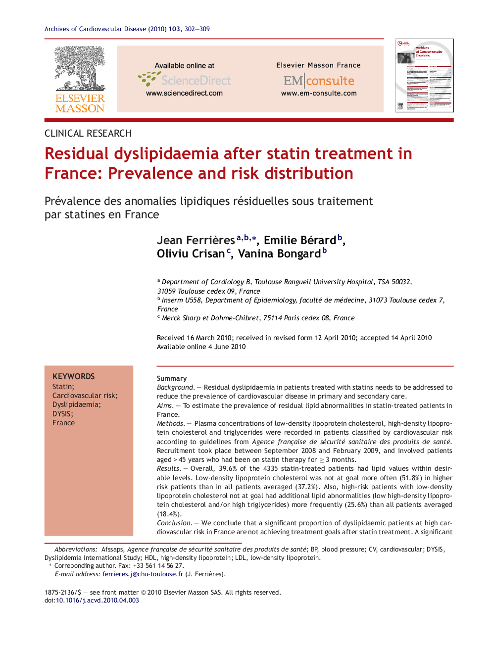 Residual dyslipidaemia after statin treatment in France: Prevalence and risk distribution