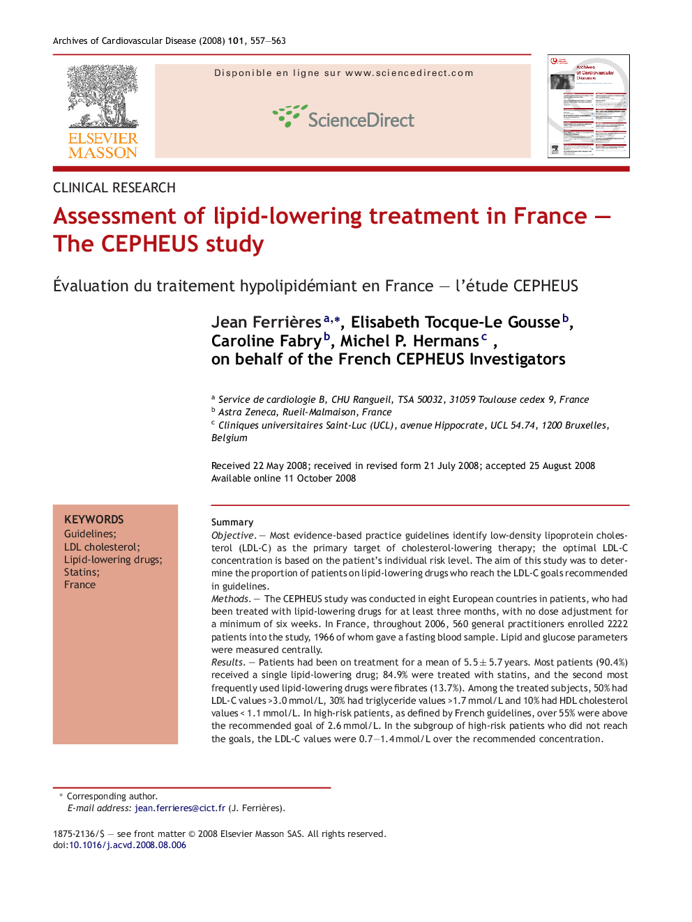 Assessment of lipid-lowering treatment in France – The CEPHEUS study