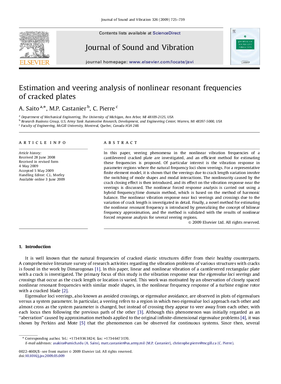 عکس صفحه اول مقاله: Estimation and veering analysis of nonlinear resonant frequencies of cracked plates Estimation and veering analysis of nonlinear resonant frequencies of cracked plates