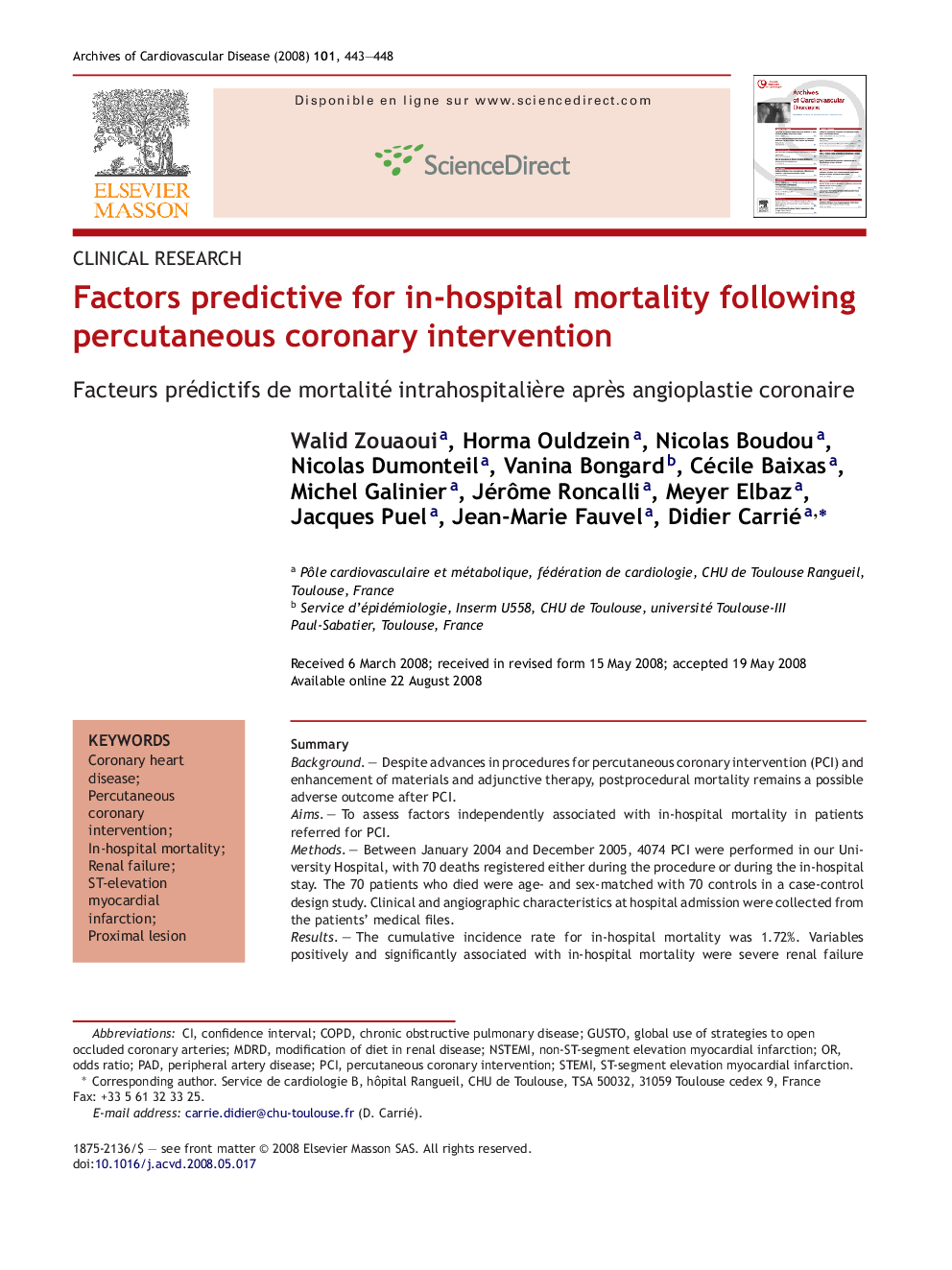 Factors predictive for in-hospital mortality following percutaneous coronary intervention