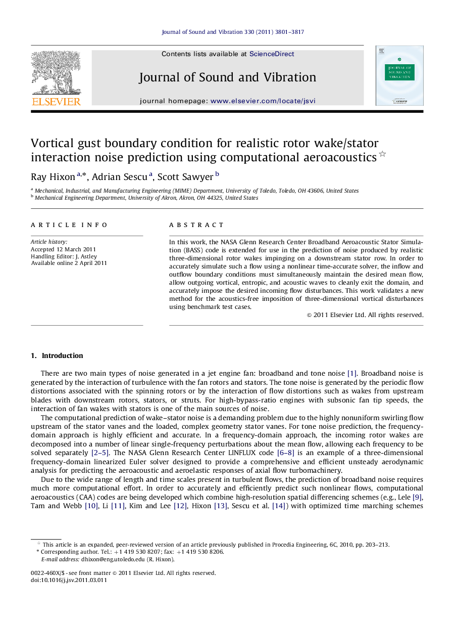 Vortical gust boundary condition for realistic rotor wake/stator interaction noise prediction using computational aeroacoustics 