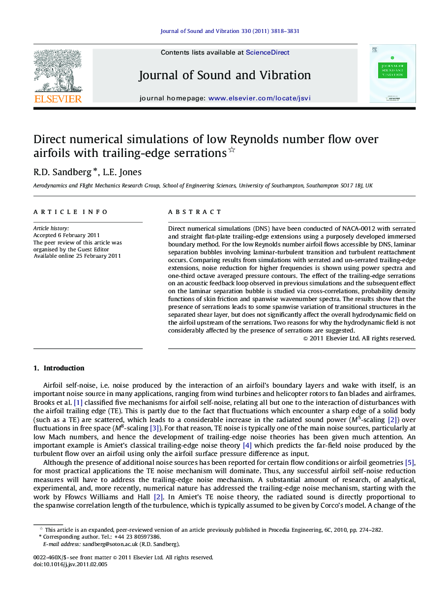 Direct numerical simulations of low Reynolds number flow over airfoils with trailing-edge serrations 
