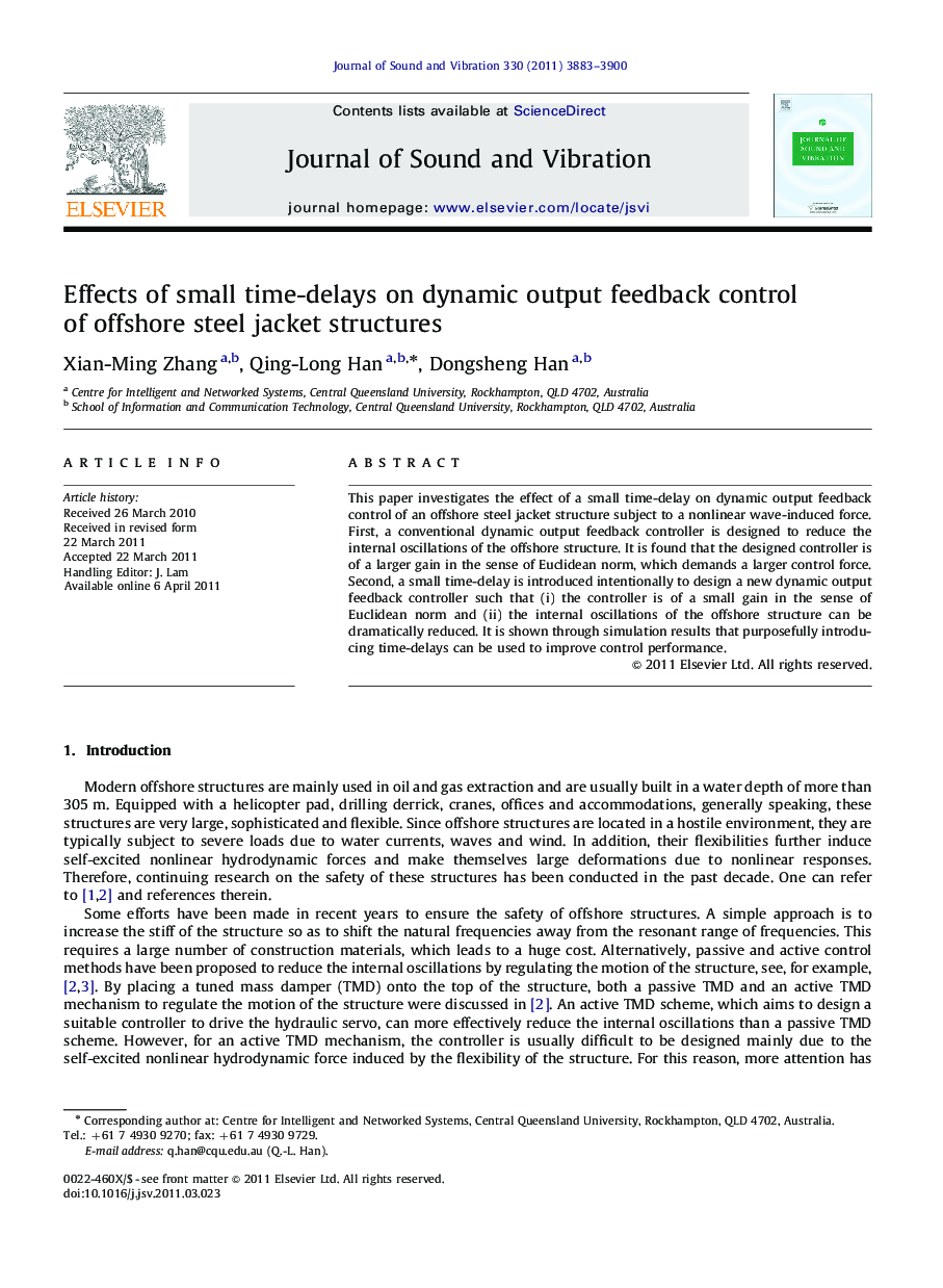 Effects of small time-delays on dynamic output feedback control of offshore steel jacket structures