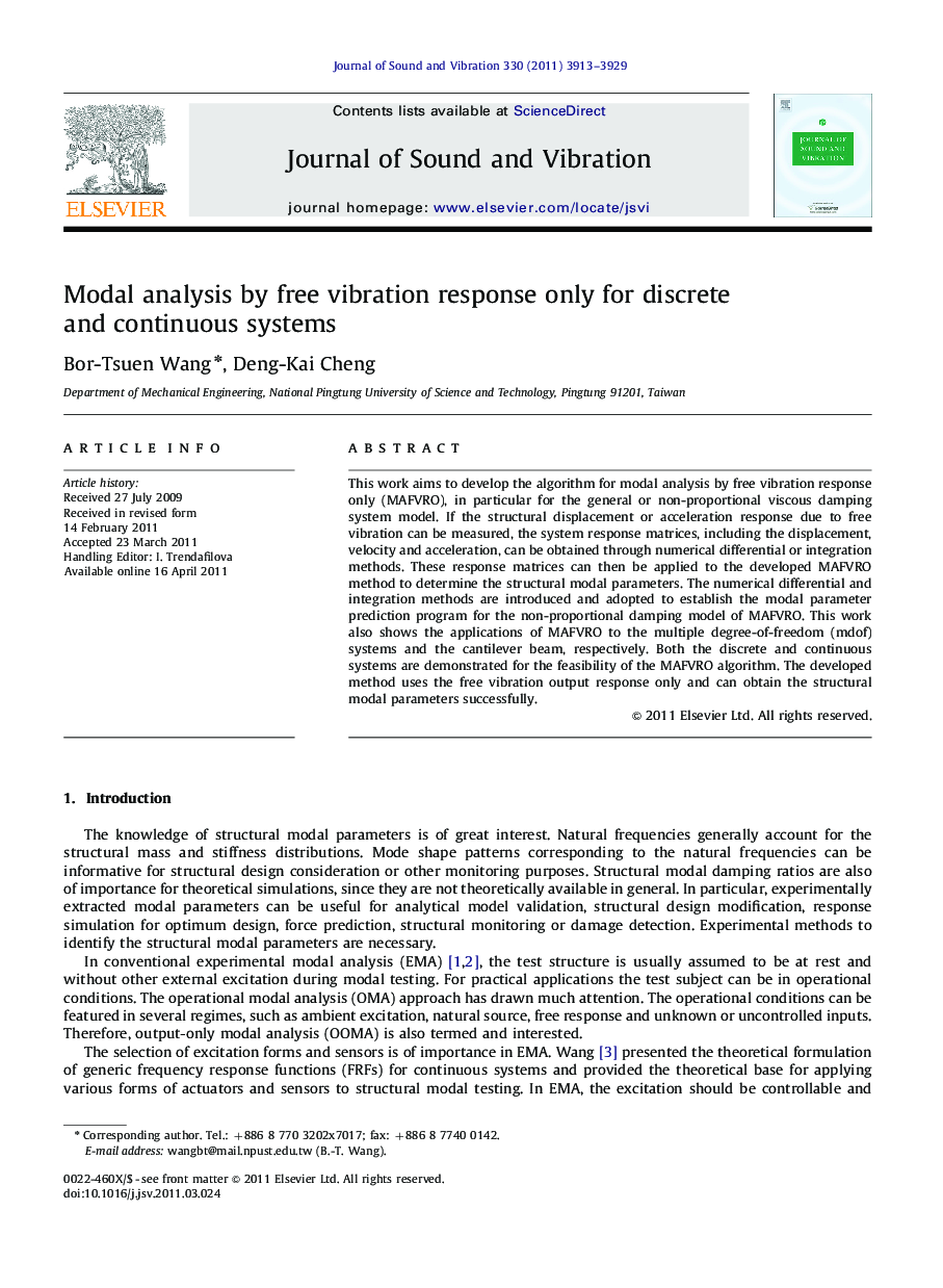 Modal analysis by free vibration response only for discrete and continuous systems
