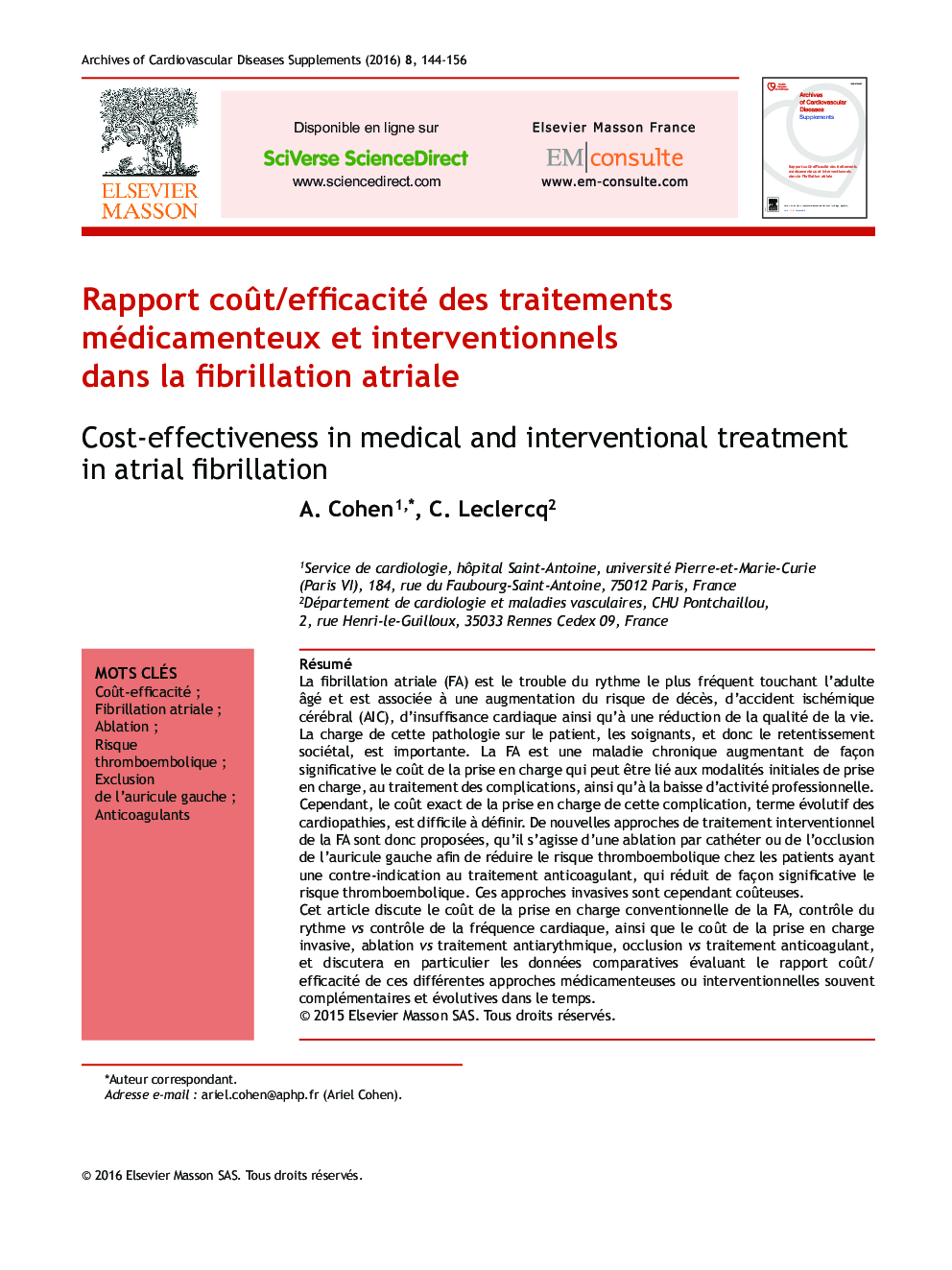 Rapport coût/efficacité des traitements médicamenteux et interventionnels dans la fibrillation atriale