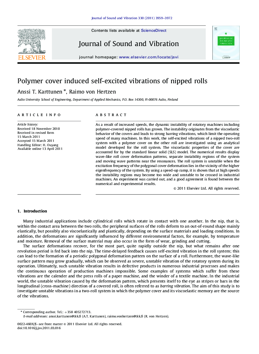 Polymer cover induced self-excited vibrations of nipped rolls