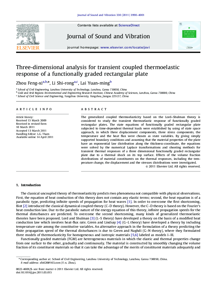 Three-dimensional analysis for transient coupled thermoelastic response of a functionally graded rectangular plate